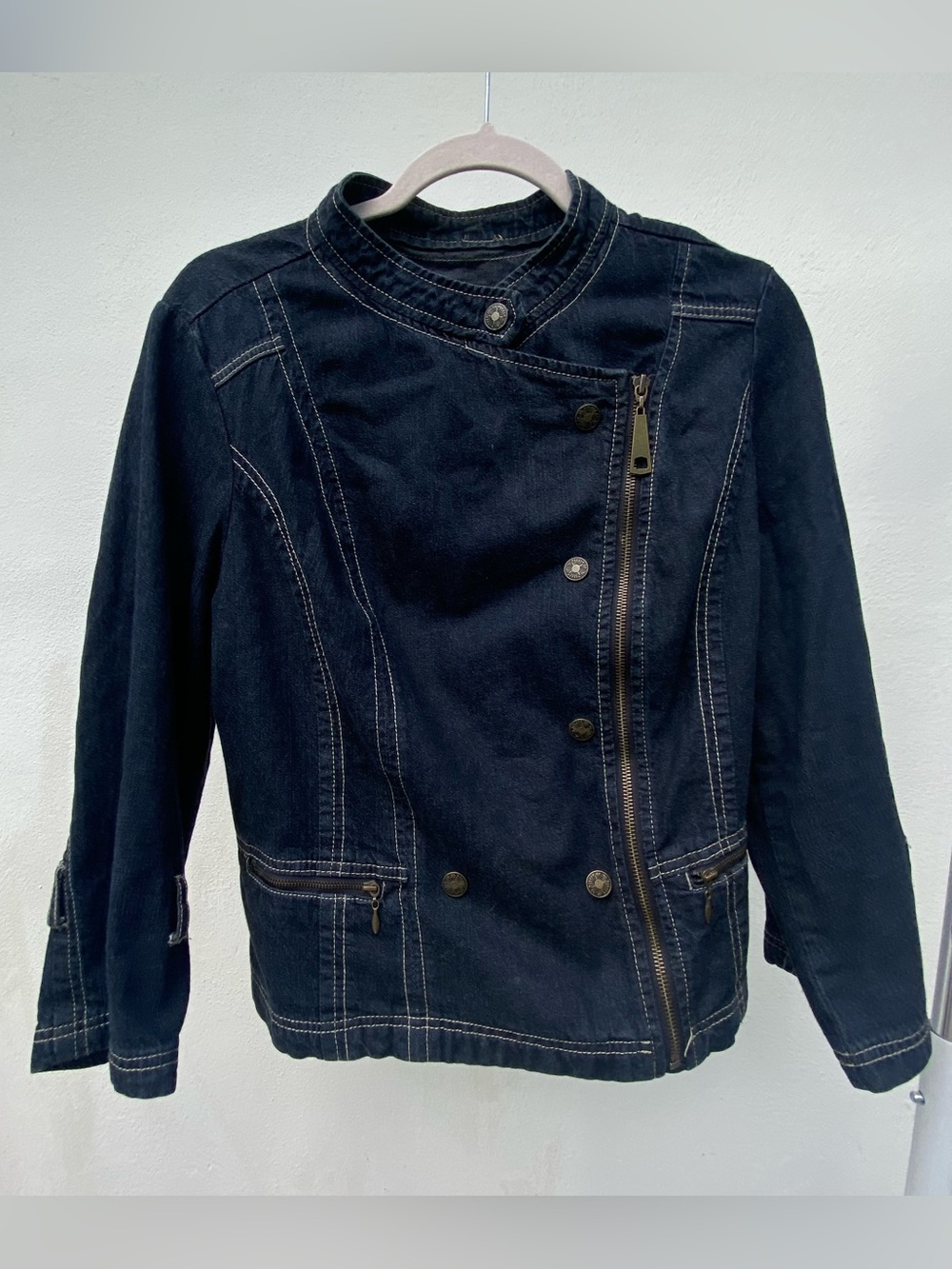 Y2K Dark Wash Military Convertible Buckle Back Denim Jacket Size Large
